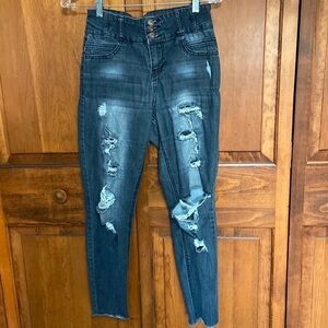 Destroyed Corset Waist Skinny Zipper/Button Fly Denim Jeans Darkwash Size 9 Jr